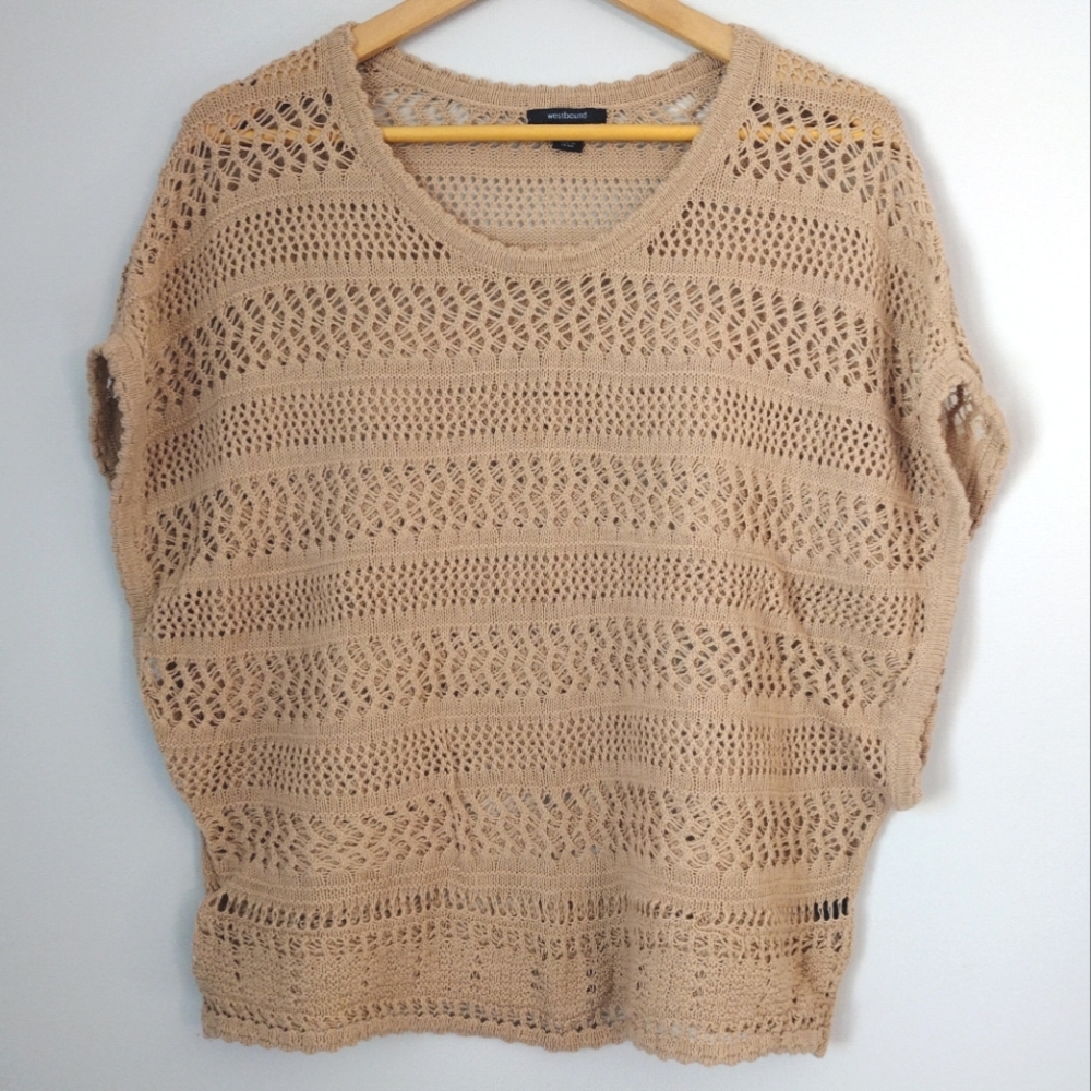 100%‎ cotton open crochet sweater short sleeve sweater vest knit tan neutral